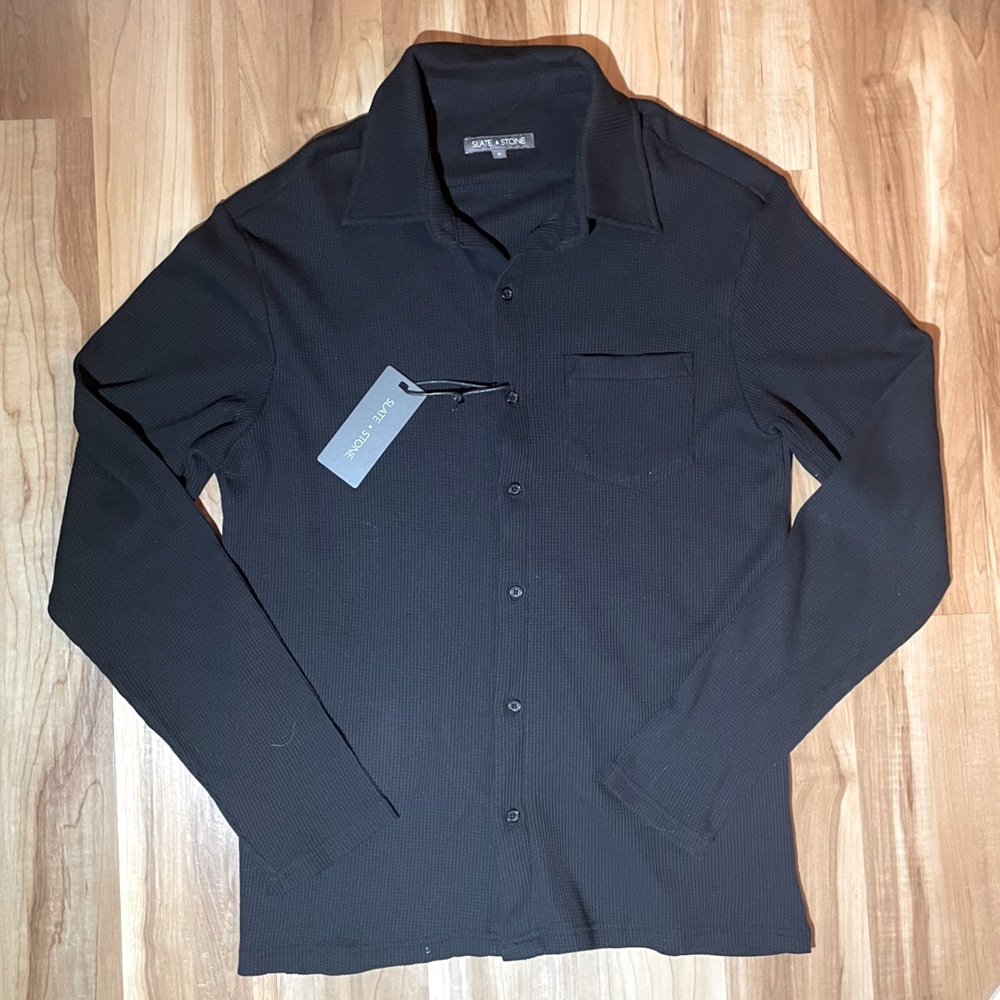 Slate & Stone Black Waffle Knit Button Down Shirt Men’s Medium NWT